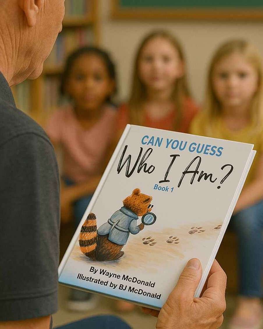 Wayne McDonald reading to elementary students in a classroom